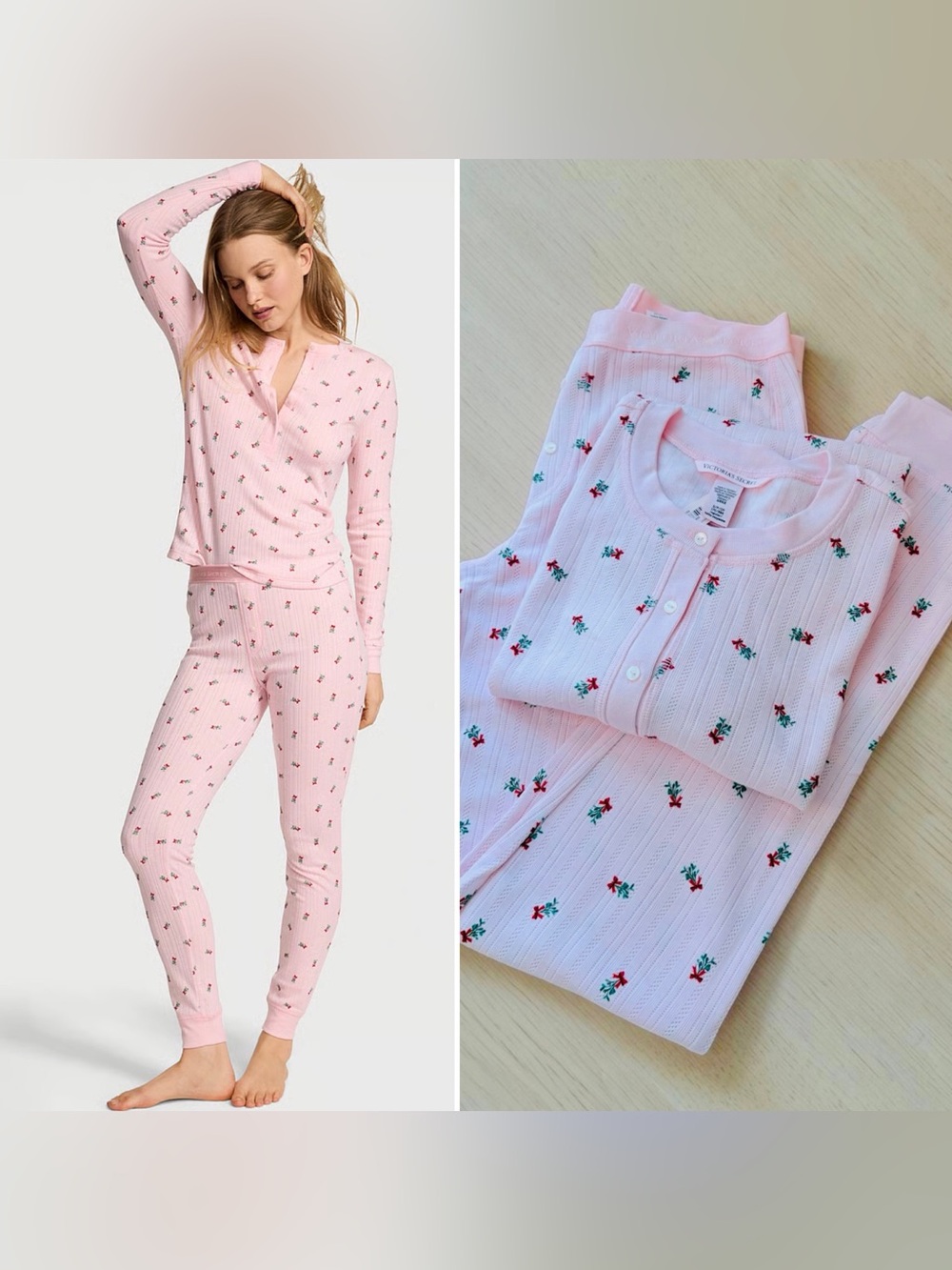 Victoria's Secret Set Pointelle Henley Long Pajama Top & Pants Small
